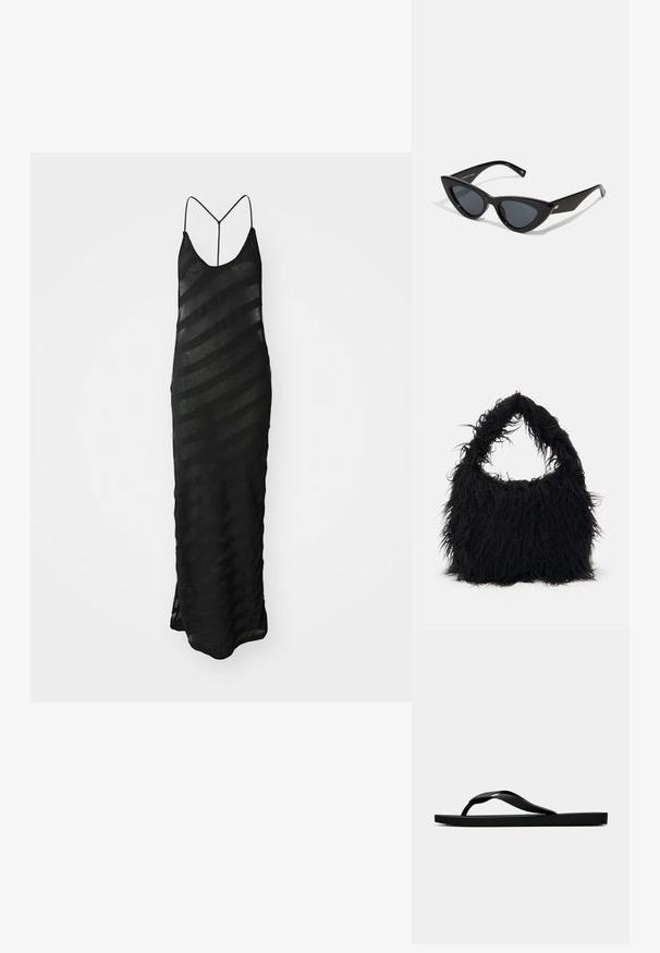 Vestido maxi preto com decote em V e alças finas. Feito de tecido transparente com listras horizontais de opacidades variadas. Fenda na parte inferior.; Chinelo de borracha preta com uma tira texturada e sola plana simples, mostrado de lado num fundo claro.; Óculos de sol estilo gato com uma armação de plástico preto brilhante, lentes escuras e detalhes em dourado nas hastes. Design angular com linhas elegantes.; Even&Odd Saco de mão - black