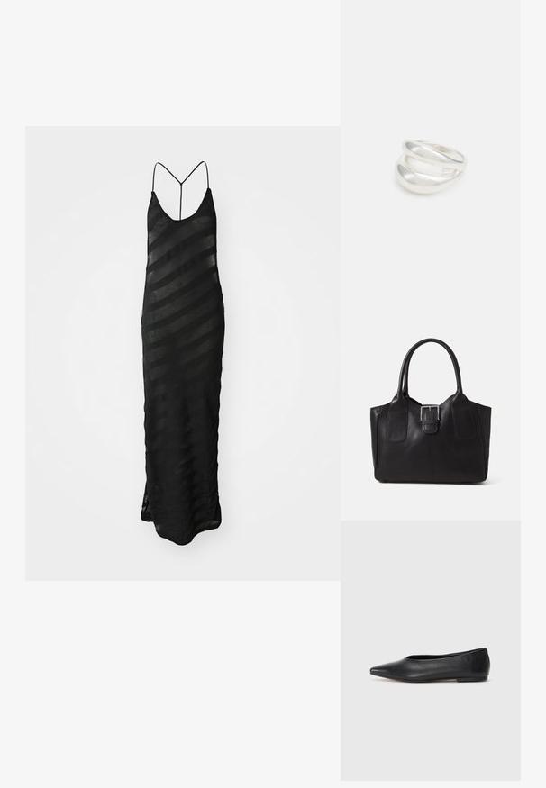 Juodas maksi suknelė su V formos iškirpte ir plonomis petnešėlėmis. Pagaminta iš permatomo audinio, turi horizontalių juostų su skirtinga skaidrumo lygiu. Apačioje yra skeltukas.; Juodas odinis baleto batas, su smailiu pirštu, minimalistinio dizaino, lygiu paviršiumi, žemo profilio kulnu, be matomos aparatūros ar papuošimų.; Juodas odinis nešiojamas krepšys su lygiu paviršiumi, struktūrine forma, dviem rankenėlėmis ir ryškiu sidabriniu sagties akcentu priekyje.; Sidabrinis dvigubas žiedas su lygiu, poliruotu paviršiumi. Pasižymi sklandžiu, kreiptu dizainu su persipinančiomis dalimis, suteikiančiomis modernų išvaizdą.