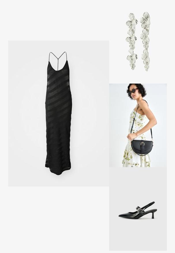 Melnā maxi kleita ar V veida kakla izgriezumu un plānām siksniņām. Izgatavota no caurspīdīga auduma, kas dekorēts ar horizontālām svītrām ar dažādu caurredzamību. Apakšā ir šķirba.; Melnas lakotas ādas sūkņa kurpes ar norādītu purngali un mazu bloku papēdi, ar sudraba sprādzi akcentā uz jostas.; Melnas ādas rokassoma ar izliekta formu, noņemamu siksnu un zelta aksesuāriem. Somai ir vāciņš ar sprādzes detaļu.; Sudraba auskari ar ziedu dizainu un slāņotām lapām. Tekstūra izskatās sarežģīta un spīdīga, uzsverot dabisko motīvu.
