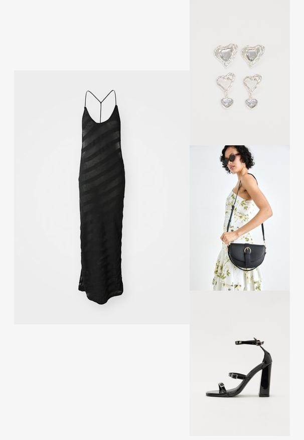 Juodas maksi suknelė su V formos iškirpte ir plonomis petnešėlėmis. Pagaminta iš permatomo audinio, turi horizontalių juostų su skirtinga skaidrumo lygiu. Apačioje yra skeltukas.; Juodos patentuotos aukštakulnės basutės su dviem sagtelėmis, kvadratine nosimi ir stambiu blokiniu kulnu, pasižyminčios lygiu, blizgiu paviršiumi.; Juodas odinis krepšys su išlenkta forma, nuimamu dirželiu ir auksiniais detalėmis. Krepšys turi kilpą su sagtimi.; Sidabrinės širdelės formos auskarai puošti facetuotais skaidriais akmenimis, su tekstūruotu rėmu. Rinkinį sudaro tiek auskarai-stud, tiek kabančios formos.