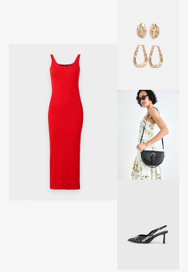 Crvena rebrasta maksi haljina sa izrezanim dekolteom i bez rukava. Glatka tkanina seže do članaka, pružajući prilagođen siluetu.; Crna lakirana slingback cipela s izduženim vrhom, remenčićima oko gležnja s srebrnim kopčama i dijelovima, te vitkim potplatom.; Crna kožna torba s lukovitim oblikom, odvojivim remenom i zlatnim detaljima. Torba ima preklop s kopčom.; Naušnice zlatne boje s teksturiranim, valovitim oblicima. Uključuju skulpturalne kopče i dizajn otvorene kružnice s kovanom završnom obradom.
