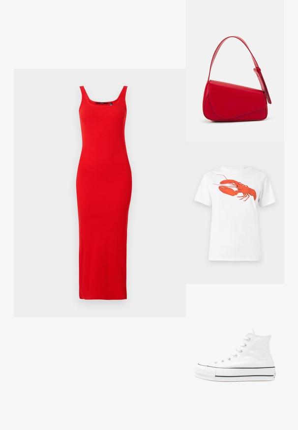 Rdeča maxi obleka z rebrastim vzorcem in izrezom v obliki čolna ter brez rokavov. Gladka tkanina se razteza do gležnjev in nudi oprijet silhueto.; Bela bomba iz bombaža z velikim, svetlo rdečim grafikonom jastreba na sprednji strani. Kratki rokavi in standarden kroj s okroglim izrezom.; Beli visoki platneni športni čevelj z črnim gumijastim podplatom, sprednjim gumijastim zaščitnikom za prste in šestimi luknjicami za vezalke, ki se ponaša s preprostim, minimalističnim dizajnom.; Rdeča usnjena torba z angularnim, geometrijskim dizajnom. Ima en samostoječ nastavljiv ročaj in pokrov, zaprt z zapiranjem, ki je okrašen s šivi.