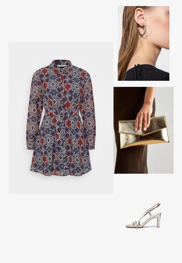 Krekliņa kleita ar krāsainu ģeometrisku rakstu sarkanā, zilā un krēmkrāsā, ar jostotu vidukli un garām piedurknēm. Izgatavota no viegla auduma.; Metāliski sudraba augstpapēžu sandaļi ar atvērtu purngalu, kas aprīkoti ar trim plāniem siksniņām pāri pēdai un potītes siksniņu ar sprādzi.; Zelta metalizēta sajūga soma ar gludu tekstūru, kuru rotā trīsstūrveida vāks. Rokai, kas to tur, ir kārtīgi apgriezti nagi.; Sudraba auskars ar pulētu apdari, ar maziem zelta akcentiem un apaļu formu, uz ausu ļipiņas.