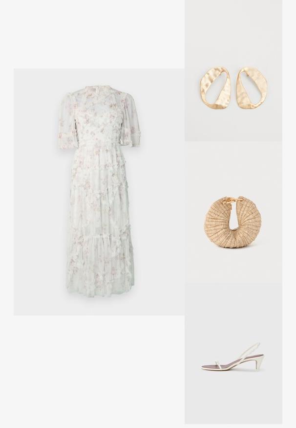 Maxikjole i gennemsigtigt hvidt stof med pastelfarvet blomsterprint, flæse-lag og puffede ærmer. Har en tætsiddende talje og lynlåslukning bagpå.; Hvide slingback sandaler med en let hæl, tynde stropper og en glat læderoverflade; har en lille dekorativ spænde.; Cult Gaia UBAH - Clutches - wheat; Et par uregelmæssige ovalformede øreringe i guldtonet metal med en tekstureret, let hamret overflade på en hvid baggrund.