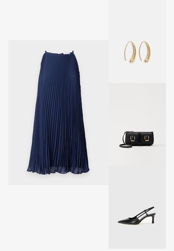 Mornarska plisejska krila iz lahkega blaga, z vertikalnimi gubami, tekočo silhueto in diskretno zadrgo na zadnji strani.; Črne lakaste slingback pete s koničastim nosom, ki imajo teksturiran vzorec kačje kože, nastavljiv trak in kratek teksturiran blok peto.; Črna usnjena torbica čez ramo z dvema sprednjima žepoma, zlatimi zaponkami, zadrgo in ozkim pasom. Tekstura površine je strukturirana, obliko pa ima kompaktno pravokotno.; Zlato-tonirani kovinski uhani v obliki obroča s krivuljo in podolgovato obliko. Imajo gladko, sijočo površino in zaobljen vrh za dodaten detajl.