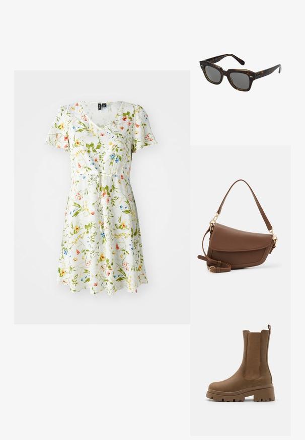 Vestido floral com decote em V, mangas curtas e um laço na cintura. Apresenta um fundo branco com padrões florais em verde, amarelo, vermelho e azul.; Bota de tornozelo castanha com um acabamento de couro liso, painéis laterais elásticos e sola grossa. Apresenta uma alça na parte de trás para facilitar o calçar.; Óculos de sol retangulares com armação de plástico em padrão tartaruga, lentes escuras e detalhes em prata nas laterais. Fabricado na Itália.; Saco de ombro em couro castanho com um acabamento texturizado, forma curva, metal dourado, alça ajustável e fecho com aba.