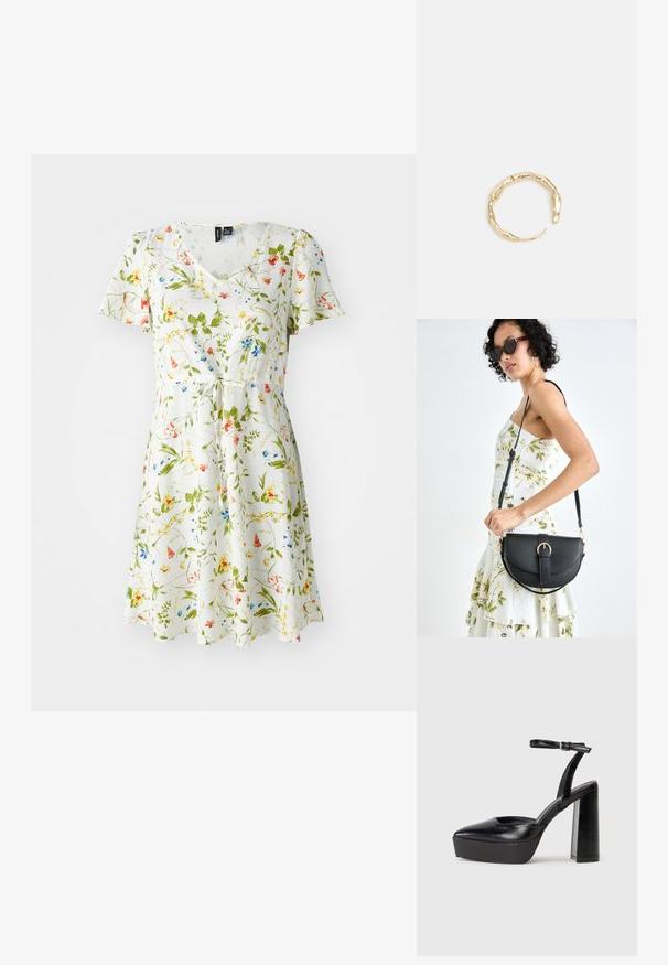 Cvjetna haljina s V-izrezom, kratkim rukavima i mašnom u struku. Ima bijelu pozadinu s cvjetnim uzorcima u zelenoj, žutoj, crvenoj i plavoj boji.; Crne platforme s potpeticom s oštrim vrhom i podešivom naramenicom. Izrađene od glatke kože, s masivnom blok petom.; Crna kožna torba s lukovitim oblikom, odvojivim remenom i zlatnim detaljima. Torba ima preklop s kopčom.; Prsten u zlatnoj nijansi s organskim, uvijenim dizajnom, glatkom teksturom i suženim krajevima, koji stvara moderan, skulpturalni izgled.