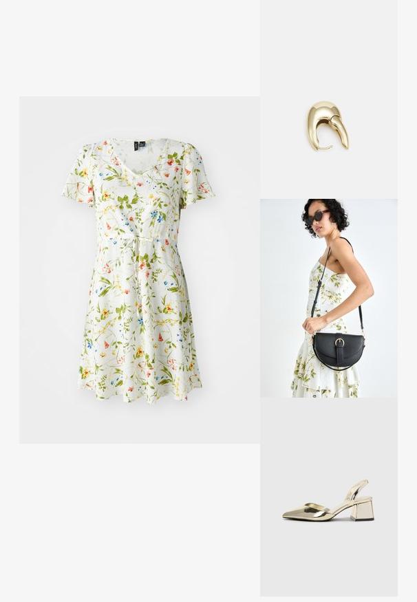 Květinové šaty s výstřihem do V, krátkými rukávy a páskem v pase. Mají bílý podklad s květinovými vzory v zelené, žluté, červené a modré barvě.; Kovové zlaté pantofle na podpatku s špičatou špičkou a masivním podpatkem. Hladký povrch, minimalisticý design a úzký pásek.; Černá kožená kabelka s křivkovým tvarem, odnímatelným popruhem a zlatými detaily. Kabelka má klopu s přezkou.; Náušnice ve zlatém tónu z kovu s elegantním zakřiveným designem. Vyznačují se jedinečným špičatým tvarem, lesklým povrchem a závěsem na kloub.