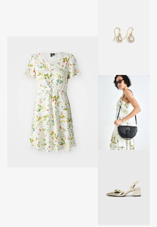 Květinové šaty s výstřihem do V, krátkými rukávy a páskem v pase. Mají bílý podklad s květinovými vzory v zelené, žluté, červené a modré barvě.; Kovové zlaté pantofle na podpatku s špičatou špičkou a masivním podpatkem. Hladký povrch, minimalisticý design a úzký pásek.; Černá kožená kabelka s křivkovým tvarem, odnímatelným popruhem a zlatými detaily. Kabelka má klopu s přezkou.; Náušnice ve zlatém tónu s oválnými průhlednými krystaly obklopenými menšími průhlednými kameny, se zapínáním na háček pro bezpečné nošení.