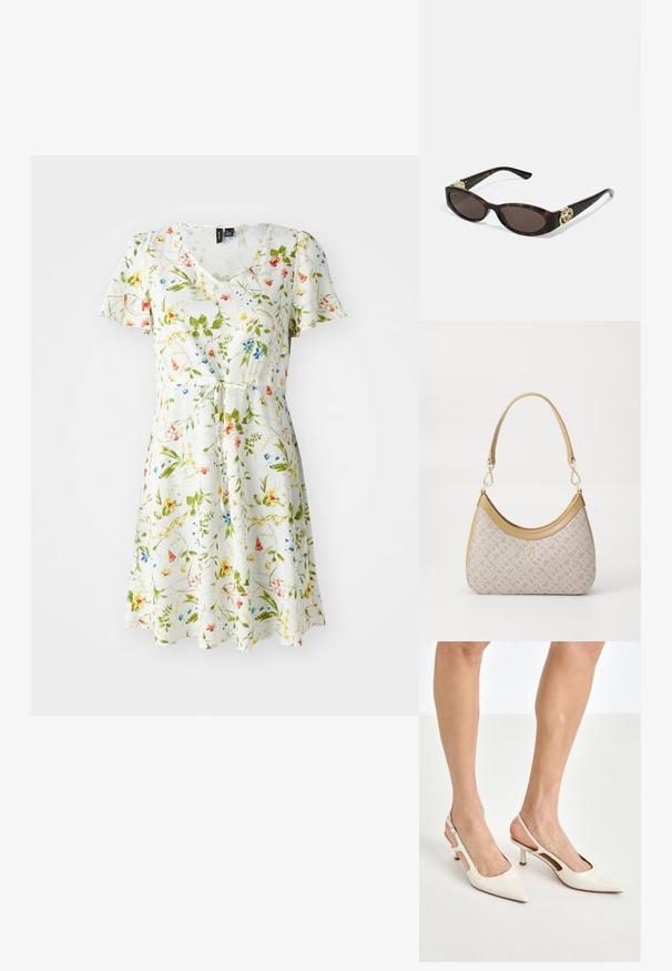Vestido floral con escote en V, mangas cortas y un lazo en la cintura. Presenta un fondo blanco con patrones florales en verde, amarillo, rojo y azul.; Tacones slingback de charol beige con punta afilada y un tacón de 5 cm, con lados recortados y una delgada correa en el tobillo.; Gafas de sol carey con lentes ovalados alargados, tintado marrón, acentos de logo dorado en las patillas y brazos negros elegantes.; Bolso de mano beige con un patrón y forma curva, acentos de cuero y un logo tono dorado en la parte frontal. Cuenta con un asa corta para un fácil transporte.; Collar de perlas y cristales con un diseño redondo y abalorado en tonos suaves, que presenta perlas alternadas y acentos brillantes, llevado alrededor del cuello.