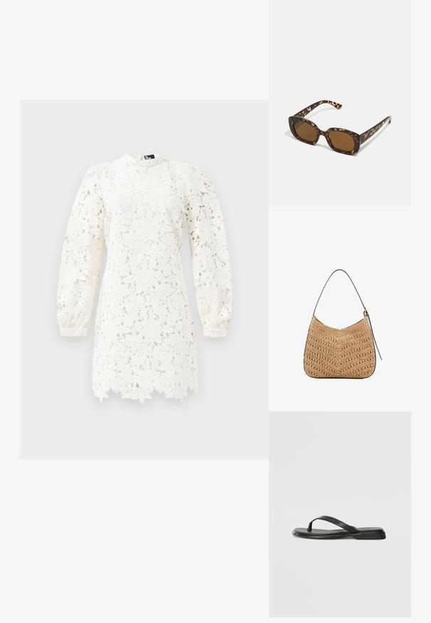 Weißes Spitzkleid mit floralen Mustern, langen Puffärmeln, einem hohen Halsausschnitt und einem gewellten Saum für zusätzliche Details.; Schwarze Flip-Flops aus glattem Leder, mit einem dünnen Riemendesign und einer flachen Sohle mit minimalem Profil. Keine bemerkenswerten Muster oder Akzente.; Schildpatt-Sonnenbrille mit einem runden, klobigen Rahmen und braunen Gläsern. Verfügt über dezente Muster und gerade, zulaufende Bügel.; Geflochtene Strohtasche mit geschwungener Form, ausgestattet mit einem dunklen Ledertragegurt und einer strukturierten Oberfläche mit Zickzackmuster.
