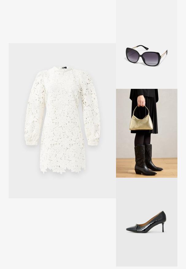 Robe en dentelle blanche avec des motifs floraux, des manches longues bouffantes, un col haut et un ourlet festonné pour plus de détails.; Chaussure à talons hauts en cuir verni noir avec un bout pointu, détail de sangle décorative à l'avant et un fin talon aiguille.; Lunettes de soleil noires surdimensionnées avec des verres dégradés, monture épaisse et détails en chaîne dorée sur les branches.; Sac à main texturé doré avec une forme arrondie et une courte poignée, tenu par une personne portant une jupe plissée noire et des bottes cowboy en cuir noir.