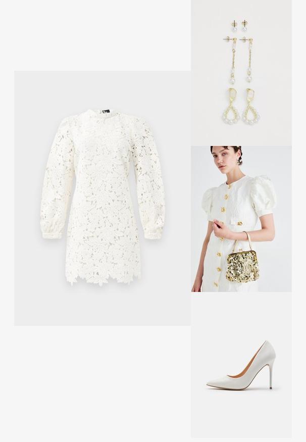 Bijela čipkana haljina s cvjetnim uzorcima, dugim napuhanim rukavima, visokim izrezom i valovitom donjom ivicom za dodatne detalje.; Bijele lakirane cipele na visokom petu s uskim vrhom i tankim štiklama, s glatkom teksturom i bež unutrašnjošću.; Bijela haljina s puf rukavima, ukrašena cvjetnim detaljima i zlatnim hardverom, uparena sa zlatnom torbicom s šljokicama koja ima vintage kopču.; Zlatne naušnice s dva dizajna dugih bisera. Jedan par ima postavke s ušnim umetcima; drugi je viseći stil s lancem i dodatnim biserima.