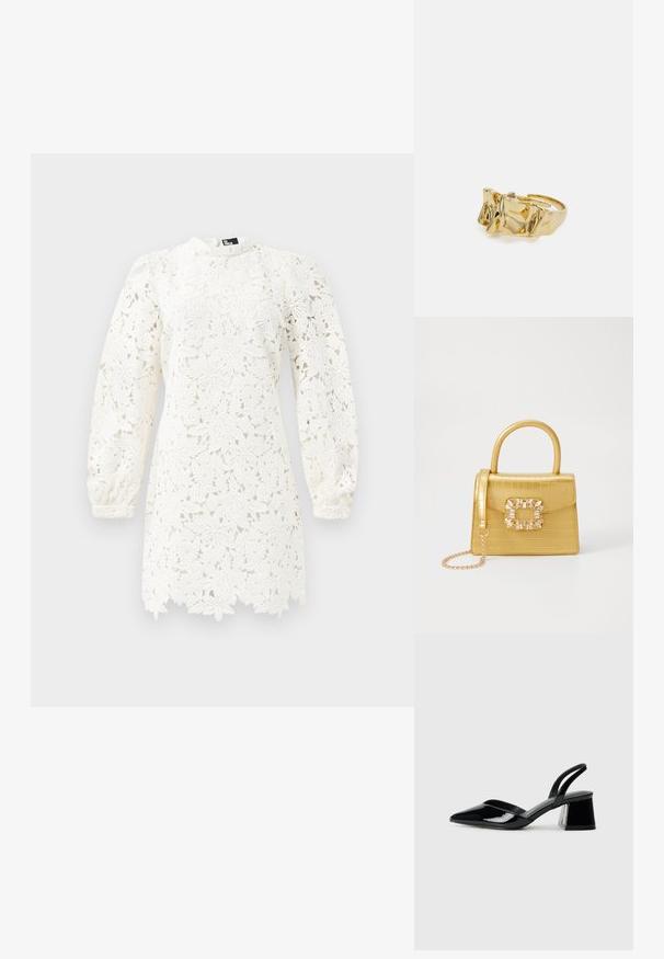Abito bianco in pizzo con motivi floreali, maniche a sbuffo lunghe, colletto alto e orlo scalloppato per un tocco di eleganza.; Décolleté in vernice nera con punta affusolata e tacco in geometria cubica. Presentano un design elegante e minimalista, con una texture liscia.; Borsa finta coccodrillo gialla con design strutturato, manico superiore, tracolla a catena removibile e abbellimenti in cristallo decorativi sulla chiusura.; Anello d'oro con design testurizzato e ondulato, caratterizzato da tre picchi prominenti. Superficie liscia e lucida con una fascia aperta per una vestibilità regolabile.