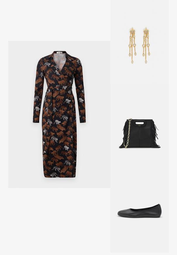 Diane von Furstenberg ABIGAIL MIDI DRESS - Dnevna haljina - brown; Crne kožne baletanke s zaobljenim vrhom, glatke teksture, minimalnim detaljima šavova i fleksibilnim dizajnom potplata.; Crna kožna torba s resicama, zlatnim lančićem za rame i rukohvatom u obliku izreza. Sadrži logo na prednjoj strani.; Zlatne naušnice s višestrukim kaskadnim lancima, s prozirnim ovalnim cirkonima i dekorativnim šiljcima na vrhu.