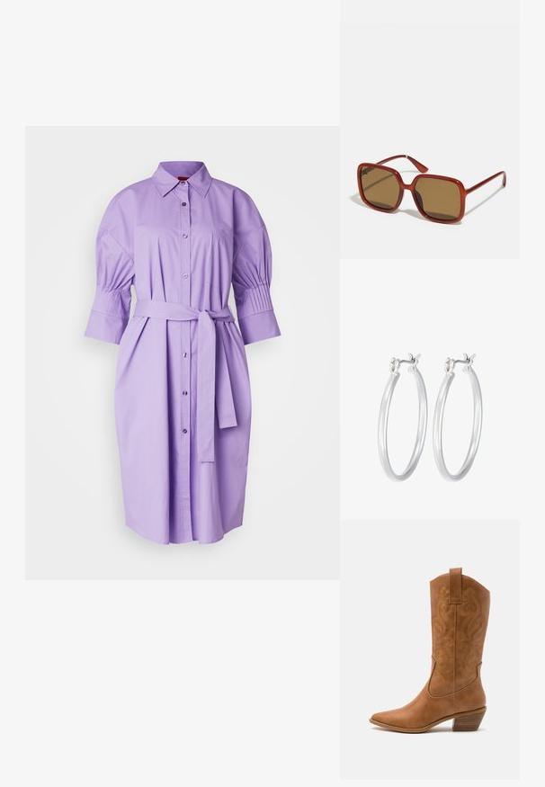 HUGO KITJE - Vestido camisero - open purple; Bota de vaquero de cuero marrón claro con punta afilada, patrones de espiral bordados en el tubo y un tacón bloque apilado. Cuenta con una pestaña de agarre para facilitar su uso.; Gafas de sol cuadradas rojas con lentes tintados marrones. Montura gruesa y brillante, con varillas delgadas y un pequeño detalle en el lateral para añadir interés visual.; Pendientes de aro de plata con un acabado liso y pulido. Forma redonda y cierre de click seguro. Diseño ligero adecuado para el uso diario.