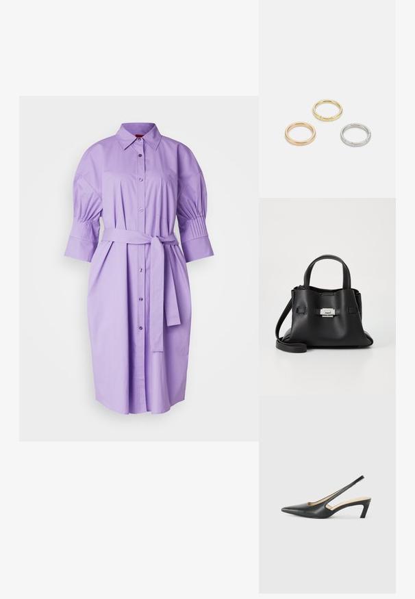 HUGO KITJE - Rochie tip cămașă - open purple; Pantof cu toc mic, cu vârf ascuțit și slingback, realizat din piele netedă, având un design decupat pe lateral pentru respirabilitate.; Geantă de mână din piele neagră cu o finisare texturată, având două mânere superioare, o curea de umăr detașabilă și un detaliu cu închidere din argint.; Trei inele din metal: unul roz aurie, unul auriu cu accente texturate și unul argintiu, toate cu branding gravat pe banda interioară.