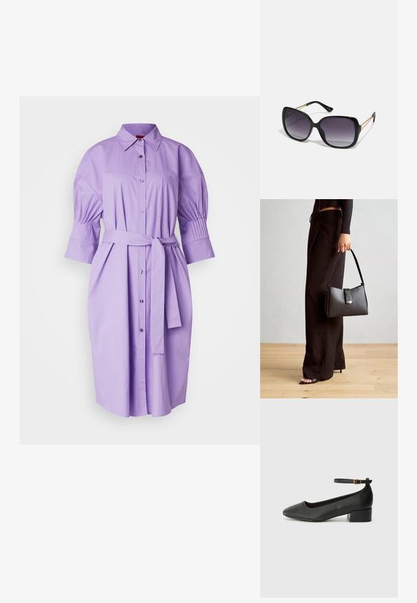 HUGO KITJE - Vestido camiseiro - open purple; Sandal de pele preta com bico pontiagudo e um salto bloco baixo. Apresenta uma tira no tornozelo com uma fivela em tom dourado. Textura suave.; Óculos de sol oversized pretos com lentes degradê, armações grossas e detalhes em corrente dourada nas hastes.; Bolsa preta com forma estruturada, textura suave e um fecho metálico. Combinada com calças largas pretas e sandálias de salto aberto sobre um chão de madeira.