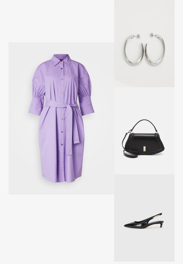 HUGO KITJE - Robe chemise - open purple; Talons hauts en cuir noir avec un bout pointu, dotés d'un talon fin et d'un accent en ton or sur la lanière réglable. Texture lisse.; Sac à main en cuir noir avec un design structuré, featuring une forme cropped, une poignée supérieure et des accents en matériel doré. Bandoulière réglable incluse.; Boucles d'oreilles en argent avec un design lisse et courbé. Présentent une finition métallique brillante et une fermeture à clou. Pas de motifs ou d'accents visibles.