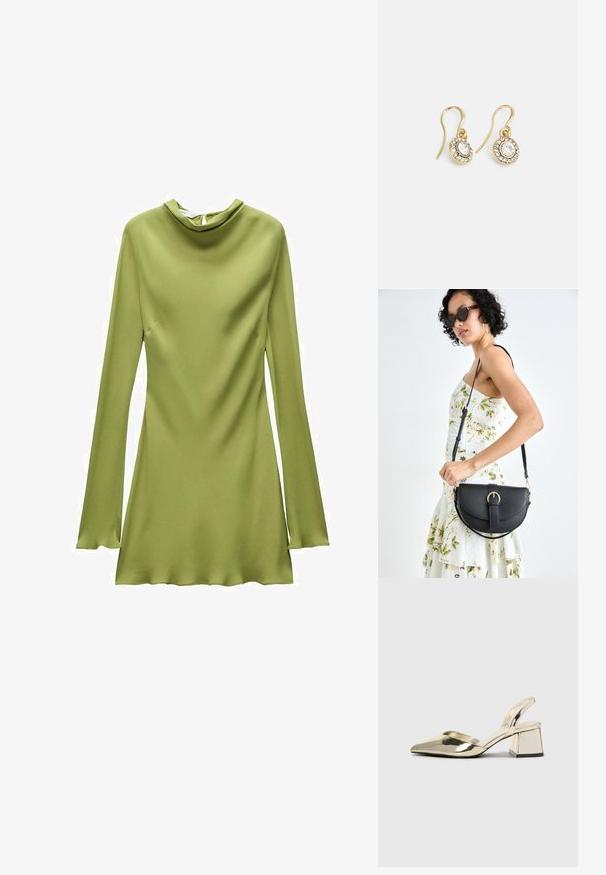 Mango Vapaa-ajan mekko - khaki; Kultaiset, metalliset slingback-kengät, joissa on teräväkärkiset ja paksut korot. Sileä pinta, minimalistinen muotoilu ja kapea hihna.; Musta nahkainen käsilaukku, joka on kaareva muotoilultaan, irrotettavalla hihnalla ja kultaisilla yksityiskohdilla. Laukussa on läppä, jossa on solk yksityiskohta.; Kultaiset korvakorut, joissa on soikeat, läpinäkyvät kivet, joita ympäröivät pienemmät läpinäkyvät kivet. Korvakoruissa on koukkuminen, joka takaa turvallisen käytön.