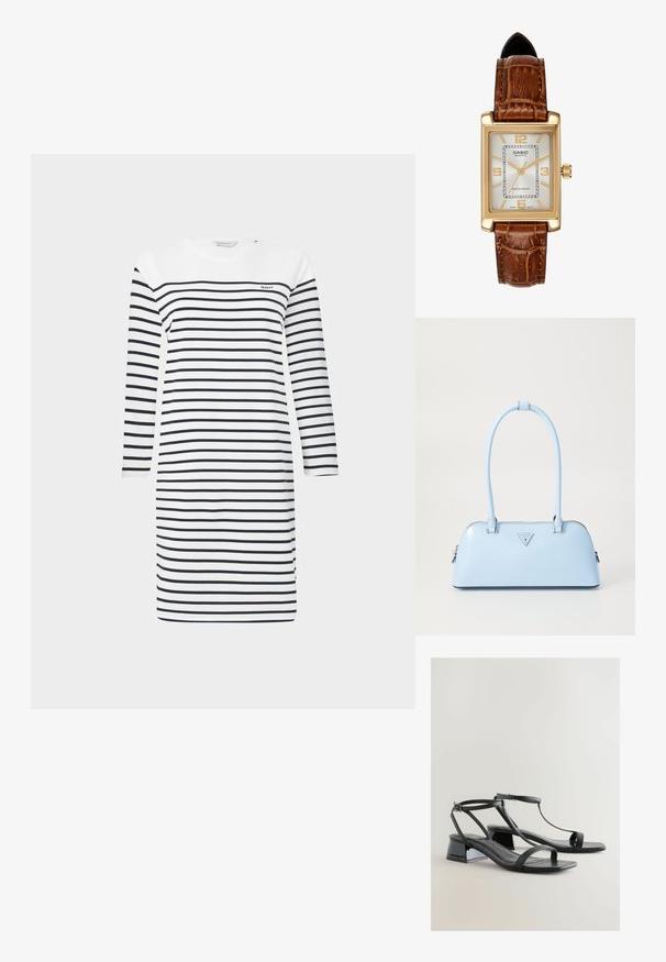 Csíkos ruha fehér és tengerészkék színben, hosszú ujjal, kerek nyakkivágással és térd hosszúságú fazonnal; a bal felső oldalon diszkrét logó található.; Fekete magas sarkú szandál, sima lakk bevonattal, vékony pántokkal, T-alakú kialakítással és alacsony tömbsarkúval a stabilitás érdekében.; Világoskék kézitáska, amelynek strukturált formája van, sima bőrből készült, két füllel rendelkezik, és az elején egy háromszögletű márkatrófea található. Cipzáras záródás.; Casio kvarcóra téglalap alakú, arany színű tokkal, fehér számlappal, arany órjelekkel és barna krokodilmintás bőrszíjjal. Vízálló.