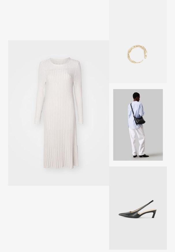 Pikk, ribakatest kootud kleit heledas beežis. Omab ümmargust kaelust, pikki varrukaid ja külgmisi lõhesid liikumise mugavuseks.; Must mustaga, terav varvas, madala kontsaga sildiga king, mis on valmistatud siledast nahast ja mille küljel on lõike disain hingavuse tagamiseks.; Must have mustras alasi nahkpatsi, pehme tekstuuriga, kolmnurkse kujuga ja reguleeritava rihmaga, koos helesinise triibulise särgi ja valgete pükstega.; Kuldtoonis sõrmus, millel on orgaaniline, keerdunud disain sileda tekstuuri ja kitsenevate otstega, luues kaasaegse skulptuurilise välimuse.