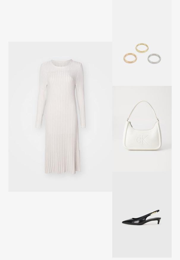 Garšs, ribots adījuma kleita gaiši bēšā krāsā. Iespējo apļa forma apkakli, garas piedurknes un sānu šķēlumi, lai nodrošinātu ērtu kustību.; Melnas ādas slingback zābaki ar smailu purngalu, ar šauru papēdi un zelta krāsas akcentu uz regulējama siksniņas. Gluda tekstūra.; Balta ādas rokassoma ar noapaļotu formu, uz kuras priekšpuses ir izgriezts "CK" logo un viena plecu siksna. Augšā aizverama ar rāvējslēdzēju.; Trīs metāla gredzeni: viens rozā zeltā, viens zeltā ar teksturētiem akcentiem un viens sudraba, visiem ar iegravētām zīmola atzīmēm iekšējā joslā.