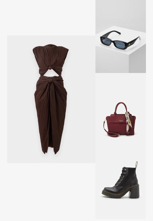 Brun plisserad klänning med en utrivning vid midjan, med en knuten design vid axlarna och nedre midjan, strukturerad silhuett.; Svart läderankelboot med en kraftig hög klack, snörning framtill, metalldetaljer och gula sömmar längs sulan. Texturerad gummisula.; Svarta rektangulära solglasögon med tonade blå linser, tjocka bågar och en gyllene cirkulär detalj på sidan. Slät, glänsande yta.; Burgundy handväska i syntetmaterial med en strukturerad design, som har ett avtagbart band och en scarf med blommönster knuten vid handtaget.