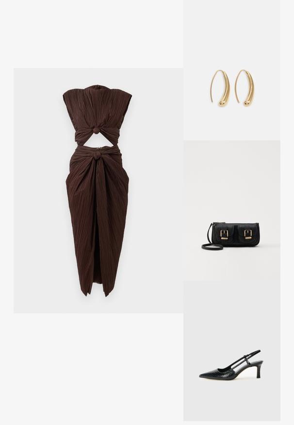 Brūns plisēts kleita ar izgriezumu jostasvietā, ar mezgla dizainu plecu un apakšējās jostasvietas zonā, strukturēta silueta.; Melna patent āda ar slīdošo papēdi un smailo purngalu, ar teksturētu čūsku drukājumu, regulējamu siksniņu un īsu teksturētu blokpapēdi.; Melnas ādas crossbody soma ar divām priekšējām kabatām, zelta sprādzēm, ar rāvējslēdzēju aizdari un šauru siksnu. Strukturēta virsma un kompakta taisnstūra forma.; Zelta toņu metāla gredzena auskari ar izliektu, pagarinātu formu. Ar gludu, spīdīgu virsma un noapaļotu galu papildu detaļām.