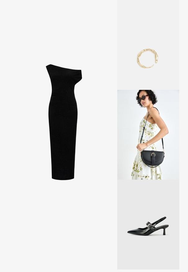 Asimetrična crna haljina s jednim ramenom. Priljubljen silueta s teksturiranim materijalom i glatkom završnom obradom. Haljina do koljena.; Crne lakirane slingback potpetice s oštrim prstom i malom blok petom, s naglaskom na srebrnoj kopči na remenu.; Crna kožna torba s lukovitim oblikom, odvojivim remenom i zlatnim detaljima. Torba ima preklop s kopčom.; Prsten u zlatnoj nijansi s organskim, uvijenim dizajnom, glatkom teksturom i suženim krajevima, koji stvara moderan, skulpturalni izgled.