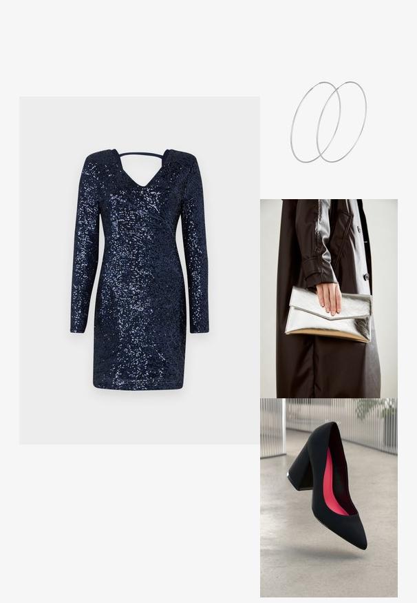 Námořnické šaty s dlouhými rukávy, hlubokým výstřihem do V, pokryté lesklými flitry, které vytvářejí texturovaný povrch. Slušivý střih, do délky kolen.; Černá vysoká podpatková bota s špičatou špičkou, texturovaným povrchem a živým růžovým interiérem. Obsahuje masivní podpatek se stříbrným akcentem.; Stříbrná metalická kabelka ve tvaru klínového obálkového designu, hladké textury a s kontrastní barvou uvnitř, držena v ruce s černým kabátem.; Stříbrné kruhové náušnice s minimalistickým designem. Kruh, hladký povrch a tenký profil. Lehká konstrukce s lesklým povrchem.