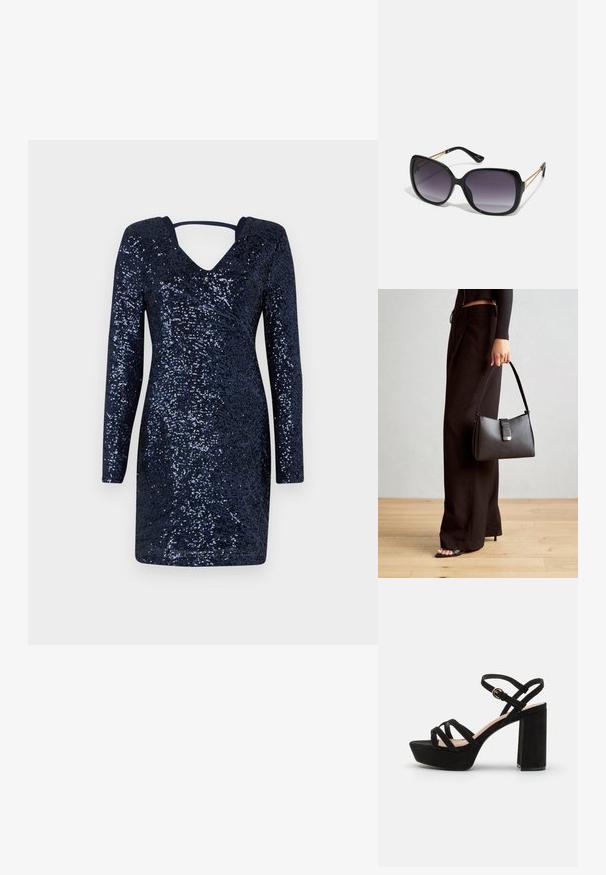 Námornícke šaty s dlhými rukávmi, hlbokým výstrihom do V, pokryté lesklými flitrami, ktoré vytvárajú textúrovaný povrch. Fitted dizajn, po kolená.; Čierne zamatové platformové sandále s blokovým podpätkom, s krížovými pásikmi a prackovou členkovou páskou pre pevné upevnenie.; Čierne oversized slnečné okuliare s gradientovými sklíčkami, hrubými rámami a zlatým retiazkovým detailom na stranách.; Čierna kabelka so štruktúrovaným tvarom, hladkou textúrou a kovovou sponou. V kombinácii so širokými čiernymi nohavicami a sandálmi s otvorenou špičkou na drevenej podlahe.