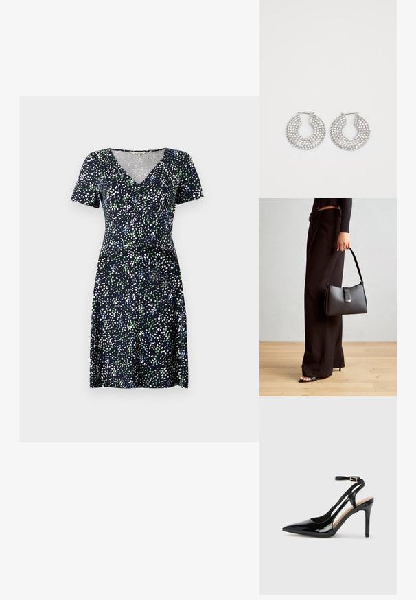 Lühikeste varrukatega tumesinine kleit, millel on mitmevärviline täpikujundus. Omab V-kaela ja toonitud vöökohta, valmistatud kergetest kangast.; Mustast patendnahast kõrge kontsaga slingback kingad, millel on terav varvas, reguleeritav pahkluu rihm ja avatud küljed. Sile tekstuur.; Must musta kott, millel on struktureeritud kuju, sile tekstuur ja metallist klamber. Kombineeritud laiate mustade pükstega ja avatud varvaste sandaalidega puidust põrandal.; Hõbedased rõngaskõrvarõngad, millel on mitmeid selgeid kristallitoot.