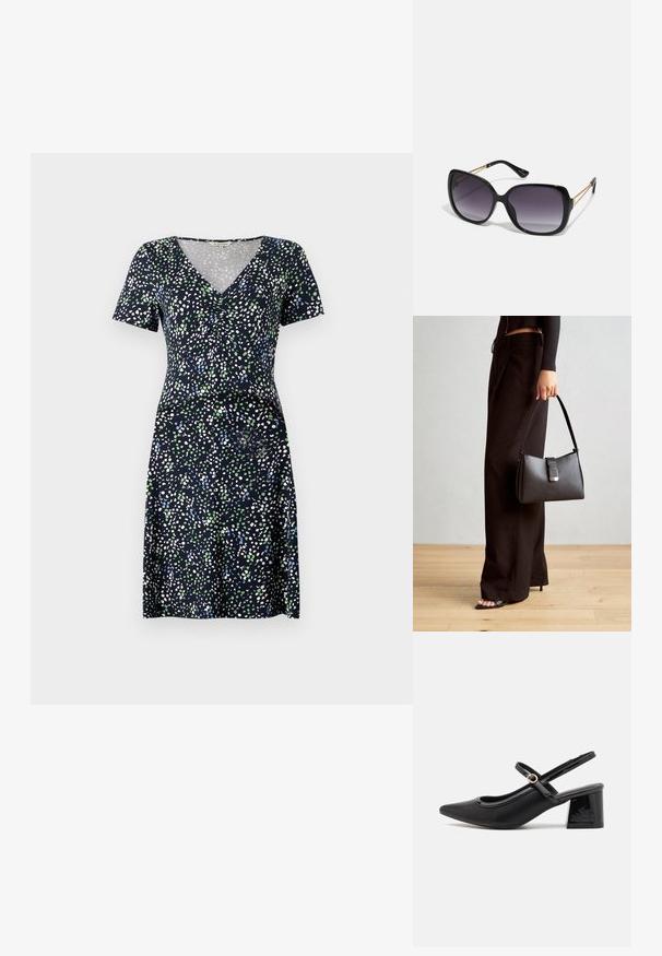 Tengernyi színű, foltos mintázatú, tavaszi-nyári, rövid ujjú ruha tengerészkék színben. V-nyakú, és kényelmesen illeszkedik a derékhoz, könnyű anyagból készült.; Fekete lakk bőr, pántos magassarkú cipő, hegyes orral, lekerekített kivágással és tömbsarkal. Arany színű csat díszíti.; Fekete, oversize napszemüveg fokozatos árnyalatú lencsékkel, vastag kerettel és arany színű lánc díszítéssel a szárakon.; Fekete kézi táska strukturált formával, sima textúrával és fémből készült záródással. Széles fekete nadrággal és nyitott orrú szandállal párosítva, fából készült padlón.