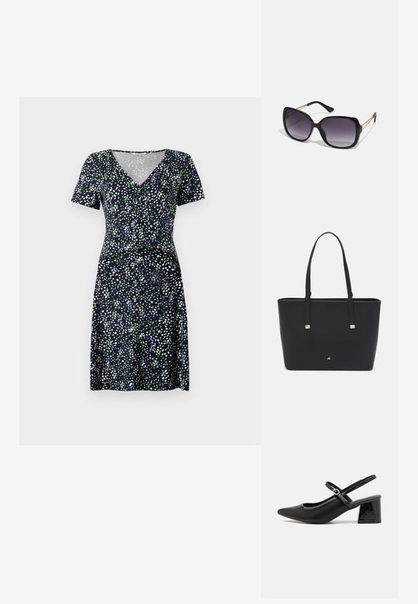 Vestido de manga curta em azul marinho com um padrão salpicado multicolorido. Possui decote em V e cintura ajustada, feito de um tecido leve.; Sabrinas de cerâmica preta com salto bloco, bico apontado e um design com recortes arredondados. Apresenta um detalhe em fivela de tom dourado.; Óculos de sol oversized pretos com lentes degradê, armações grossas e detalhes em corrente dourada nas hastes.; Saco tote preto feito de material sintético, apresentando um design retangular simples, com detalhes quadrados dourados e duas alças.