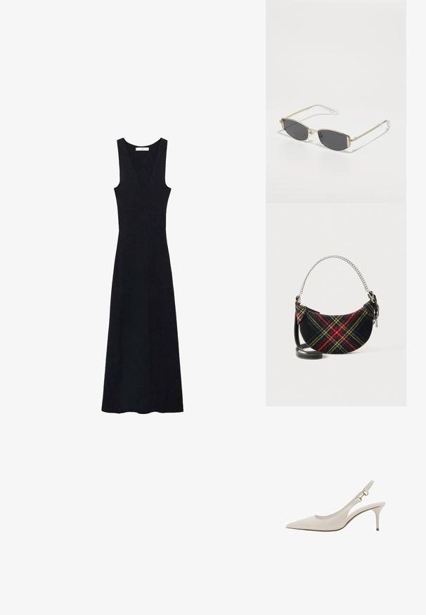 Črna, rebrasta obleka z globokim V-izrezom in brezrokavnim dizajnom; ima maxi dolžino in oprijet silhueto.; Bež usnjena sandalna obutev s koničastim nosom, tankim petam in zlatimi kovinskimi detajli na traku. Gladka tekstura po celotni obutvi.; Zlate sončna očala ovalne oblike, s temno sivo lečo in prozornimi tempelj. Imajo dekorativne poudarke na okvirju.; Torba z vzorcem tartan, izdelana iz mešanice volne, s polmesec obliko, srebrnim verižnim ročajem in odstranljivim črnim usnjenim trakom.