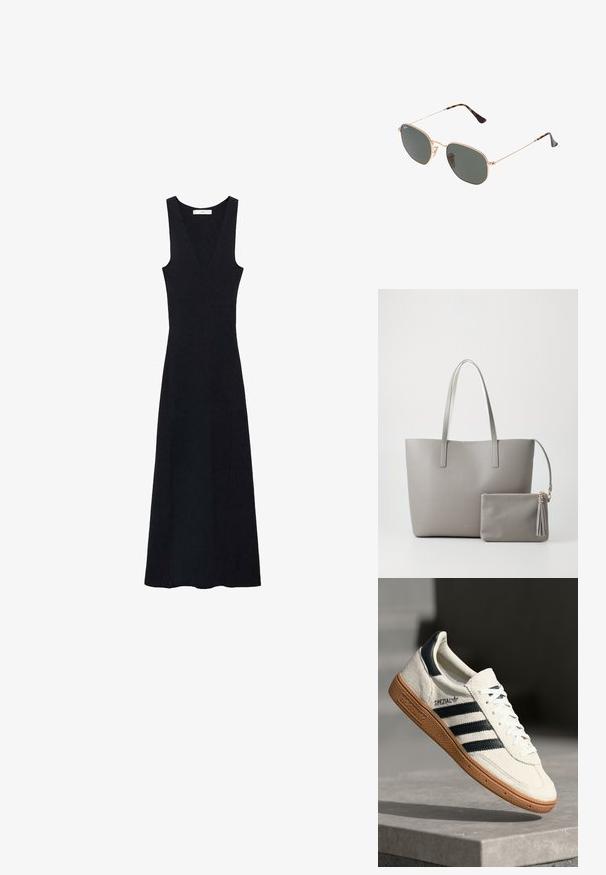 Abito nero a coste con scollatura a V profonda e senza maniche; presenta una lunghezza maxi e una silhouette aderente.; Sneaker bianca in suede con strisce blu navy, suola in gomma, parte superiore testurizzata, punta rotonda e lacci; presenta un marchio sul lato e sulla linguetta.; Occhiali da sole con montatura in metallo dorato e lenti verde scuro, stile aviator, con aste sottili e dettagli in tartaruga sulle punte.; Borsa tote sintetica grigia con due manici lunghi e una piccola busta con zip coordinata, dotata di un pompon. Texture liscia con un motivo sottile.