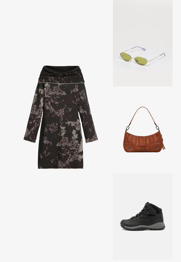 Megzta suknelė su apykakle, pasižyminti juodais ir kremiškais abstrakčiais raštais, ilgomis rankovėmis ir tekstūriniu briaunuotu audiniu.; Juodas žygio botas su vidutinio aukščio dizainu, pasižymintis tekstūruota viršutine dalimi, pilkų akcentų ir patvaria guma padanga su sukibimo gumbais.; Alyvos spalvos saulės akiniai su plonu auksiniu rėmu ir mėlynais akcentuotais šonais. Ovalūs objektyvai ir minimalistiškas dizainas.; Ruda sintetinė rankinė su kreivos formos dizainu, detalia siuvinėta, metaliniais kniedėmis ir trumpa juosta. Užtrauktuko uždarymas su dekoratyviniais akcentais.