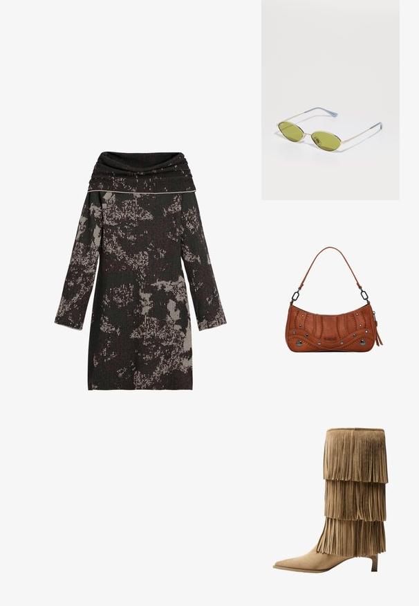 Knit dress with cowl neckline, featuring black and cream abstract patterns, long sleeves, and textured ribbed material.; Fringe ankle boot in tan suede with three layered fringes. Pointed toe and a low block heel. Smooth texture throughout.; Olive green sunglasses with a thin gold frame and blue-accented arms. Oval lenses and minimalistic design.; Brown synthetic handbag with curved design, detailed stitching, metal studs, and a short strap. Zipper closure with decorative accents.