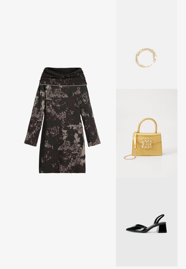 Strikkjole med cowl-halsudskæring, der har sort og cremefarvet abstrakt mønster, lange ærmer og struktureret ribbet materiale.; Sorte patentlæder slingback hæle med spids tå og en geometrisk blok hæl. Har et elegant, minimalistisk design og en glat tekstur.; Gul faux-krokodille skuldertaske med struktureret design, top-håndtag, aftagelig kædetraske og dekorativ krystaldekoration på låsen.; Guld-tone ring med et organisk, snoet design, glat overflade og affasede ender, hvilket skaber et moderne, skulpturelt udseende.