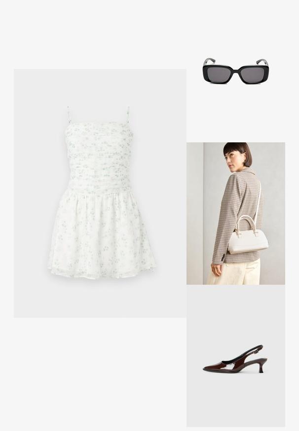 Bela cvetna obleka z zelenimi akcenti, ki ima naborkano korzet in tanke naramnice ter razširjen krilo. Lahek, zračen material z nežnim vzorcem.; Rjavi lakirani slingback čevelj z ostro konico in zmerno peto. Ima zaponko za varno prileganje. Gladka tekstura.; Črne pravokotne sončne očala z temnimi lečami, gladkim plastičnim okvirjem in ukrivljenimi nogicami. Oblika je robustna in minimalistična.; Bela strukturirana torba z kratkimi ročaji in naramnim trakom, z zlatimi okrasnimi elementi in teksturiranim materialom, prikazana na sivi podlagi.