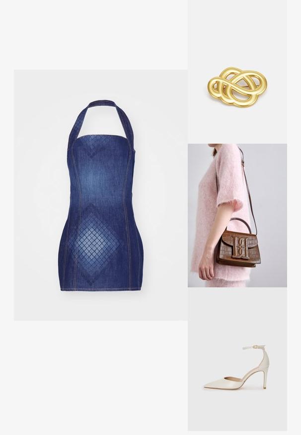 Šaty z džínoviny ve tmavě modré barvě, s upnutým střihem a diamantovým vzorem na přední straně. Ozdobeny kontrastním šitím.; Bílé kožené lodičky na vysokém podpatku s špičatou špičkou, kotníkovým páskem a štíhlým jehlovým podpatkem. Hladká textura s mírným lesklým povrchem.; Hnědá kabelka s embossovaným vzorem krokodýla, s horní rukojetí a nastavitelným ramenním popruhem. Na předním klopě se nachází výrazné logo. Měkká textura.; Brož ve zlatém tónu s uzlovým vzorem, hladkými zakřivenými liniemi a složitým tvarem, odrážející lesklý povrch.