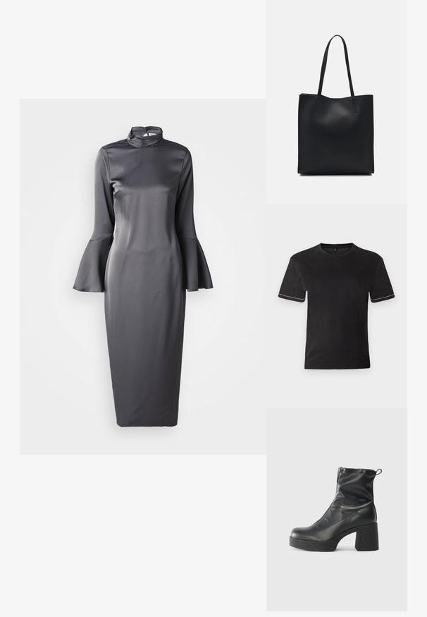 Grå sateng midi-kjole med høy utringning, lange klokke-ermer og en slank passform, med en glatt tekstur og minimalistisk stil.; Svart bomull T-skjorte med korte ermer, rund hals, og kontrastføttinger i hvitt ved ermene. Bløt tekstur, avslappet passform.; Svarte ankelstøvler laget av glatt lær, med glidelås på siden, chunky strukturert hæl, og rund tå-design.; Svart lær tote bag med glatt tekstur, rektangulær form og to lange håndtak. Ingen synlige deler eller dekorasjoner.