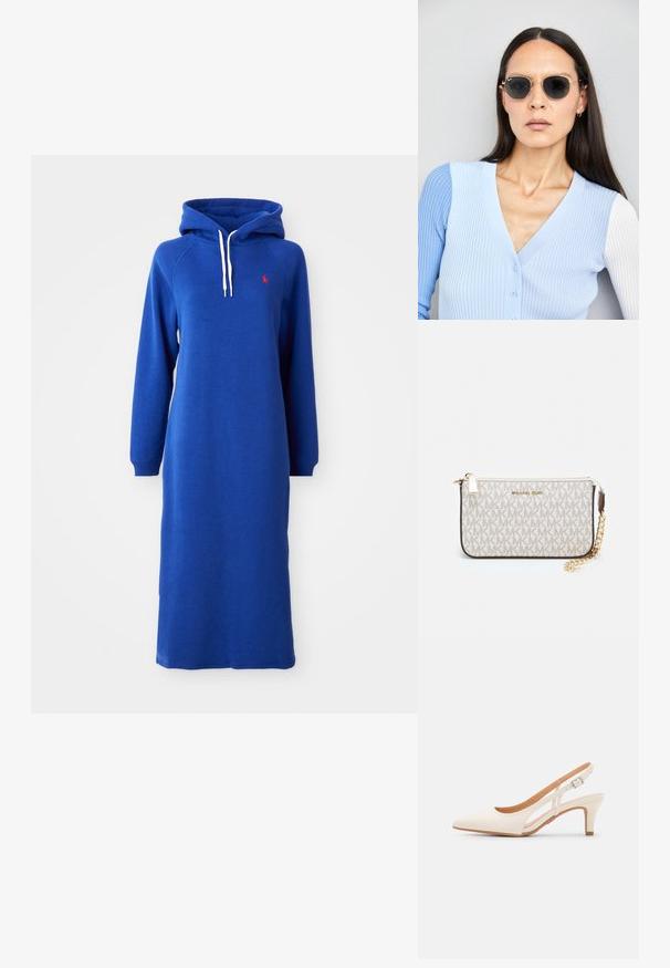 Blå hettekjole laget av myk tekstil, med lange ermer, en frontlomme og en liten rød logo på brystet.; Hvit slingback-hel med spiss tå, glatt overmateriale, lav blokkhelt, og cut-out-design på siden med justerbar spenne.; Runde solbriller med mørke linser og guldrammer. Modellen har en lyseblå, ribbet cardigan med knapper og kontrast hvide ærmer på.; Michael Kors håndleddsveske i beige belagt kanvas med et gjentakende MK-logo mønster, gullfarget maskinvare og en avtakbar kjede-rem.
