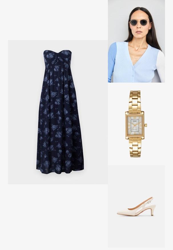 Rochie maxi fără bretele, de culoare bleumarin, cu imprimeu floral albastru, având un bust adunat și o siluetă fluidă. Material moale cu o textură netedă.; Sandaie cu toc alb, cu vârful ascuțit, material superior neted, toc mic tip bloc și design cu decupaj lateral, cu curea ajustabilă.; Ochelari de soare rotunzi cu lentile întunecate și rame aurii. Modelul poartă un cardigan ribbed de culoare albastru deschis cu nasturi și mâneci albe în contrast.; Ceas de mână rectangular cu nuanță aurie, cu un cadran alb, marcaje argintii pentru ore și o brățară din linkuri metalice durabile. Include caracteristica de rezistență la apă.