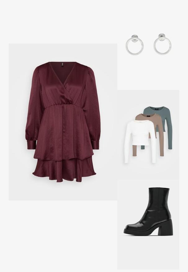 Burgundia värvi mähiskleit pikka puffvarruka, kihilise volangäärise ja tekstuurse, siledapinnaga viimistlusega. V-kaeluse disain toob esile kujundi.; Kolm pika varrukaga lühikest tsooni moodustavat topi, värvid valge, beež ja tuhm türkissinine, ümmarguste kaelustega, heleda halli tausta peal.; Mustad mustad, läikiva viimistlusega, ruudukujulise varbaga ja paksu plokktallaga. Kujundus sisaldab sujuvat siluetti ja minimaalset brändimist.; Hõbedased metallist rõngastooted, millel on harjatud tekstuur, ümmargune disain ja selge tagumine post, tagamaks kindlat kandmist.