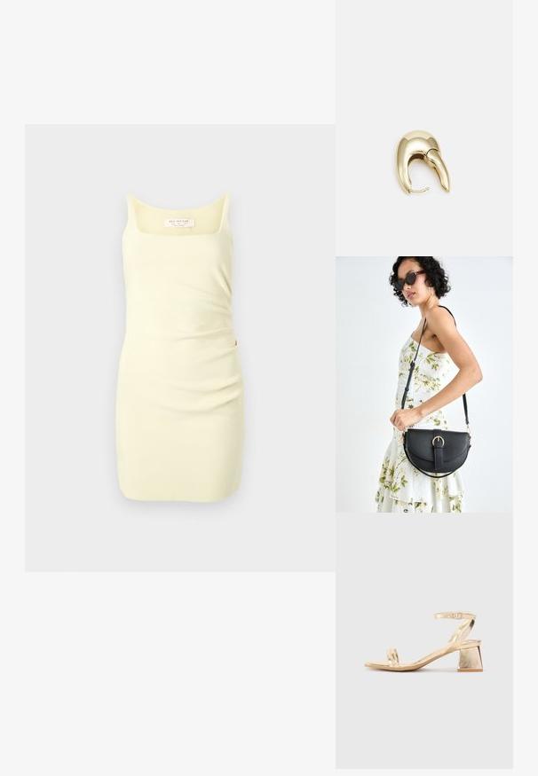 Bezručový žltý šaty vyrobené z hladkej tkaniny, so štvorcovým výstrihom a zhromaždeným detailom na boku pre pridanie textúry.; Zlaté metalické sandále na podpätku s uhlovým blokovým podpätkom, dvoma pásikmi cez nohu a nastaviteľným pásikom okolo členka. Hladká textúra.; Čierna kožená kabelka s zaobleným tvarom, odnímateľným popruhom a zlatými doplnkami. Kabelka má klopu s detailom s prackou.; Náušnice z kovu v zlatej farbe s elegantným, zakriveným dizajnom. Majú charakteristický špicatý tvar, leštený povrch a uzáver na pánt.