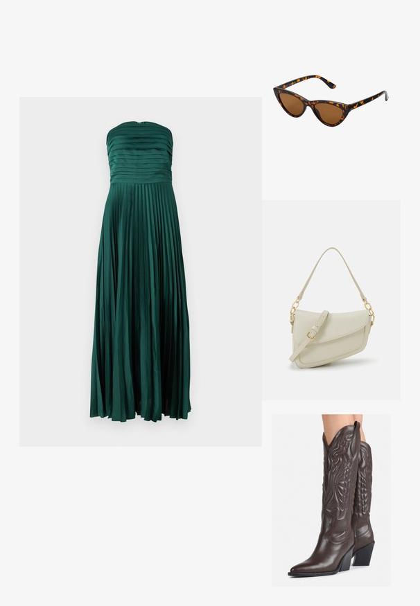 Abito senza spalline lungo fino al pavimento, di un verde intenso. Realizzato in satin con una texture plissettata, presenta un corpetto aderente e una gonna fluente.; Stivali da cowboy in pelle marrone con punta affusolata e tacco a blocco, caratterizzati da dettagliati ricami e accenti rialzati sul gambale.; Occhiali da sole cat-eye con una montatura tartarugata nera e arancione, lenti marroni e punte affusolate e eleganti. Presentano un logo minimale sulla asta.; Piccola borsa a tracolla crema con finitura testurizzata, una lunga tracolla regolabile, un accento a catena e chiusura a patta. Dettagli in hardware dorato.