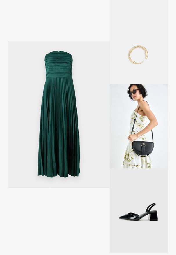 Abito senza spalline lungo fino al pavimento, di un verde intenso. Realizzato in satin con una texture plissettata, presenta un corpetto aderente e una gonna fluente.; Décolleté in vernice nera con punta affusolata e tacco in geometria cubica. Presentano un design elegante e minimalista, con una texture liscia.; Borsa a tracolla nera in pelle con una forma curva, manico rimovibile e accessori dorati. La borsa presenta una patta con un dettaglio a fibbia.; Anello in tono oro con un design organico e Twisted, caratterizzato da una superficie liscia e punte affusolate, che crea un aspetto moderno e scultoreo.