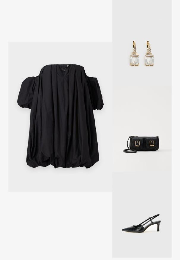 Juoda off-the-shoulder bluzonė su apvaliais pufiniais rankovėmis ir raukšlėtu apačiu. Pagaminta iš lengvos medžiagos, su sklandžiu paviršiumi.; Juodai lakuoti slingback aukštakulniai su smailiu nosiu, su tekstūruotu gyvatės raštu, reguliuojama juosta ir trumpu, tekstūruotu blokiniu kulnu.; Juodas odinis per petį nešiojamas krepšys su dviem priekiniais kišenėmis, auksiniais sagtimis, užtrauktuko uždarymu ir siauromis petnešomis. Textūruota paviršius ir kompaktiškas stačiakampis formatas.; Auksinės spalvos auskarai, kuriuose yra stačiakampis, skaidrus kristalas, kabantis po eile mažų, apvalių skaidrių akcentų. Šiuolaikiškas, modernus dizainas.